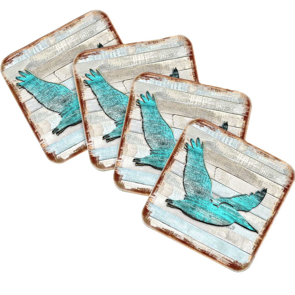 Pelican Coastal Wooden Cork Coasters Gift Set of 4 by Nature Wonders - Coastal Sea-Life Decor - 8198611-9C-S4