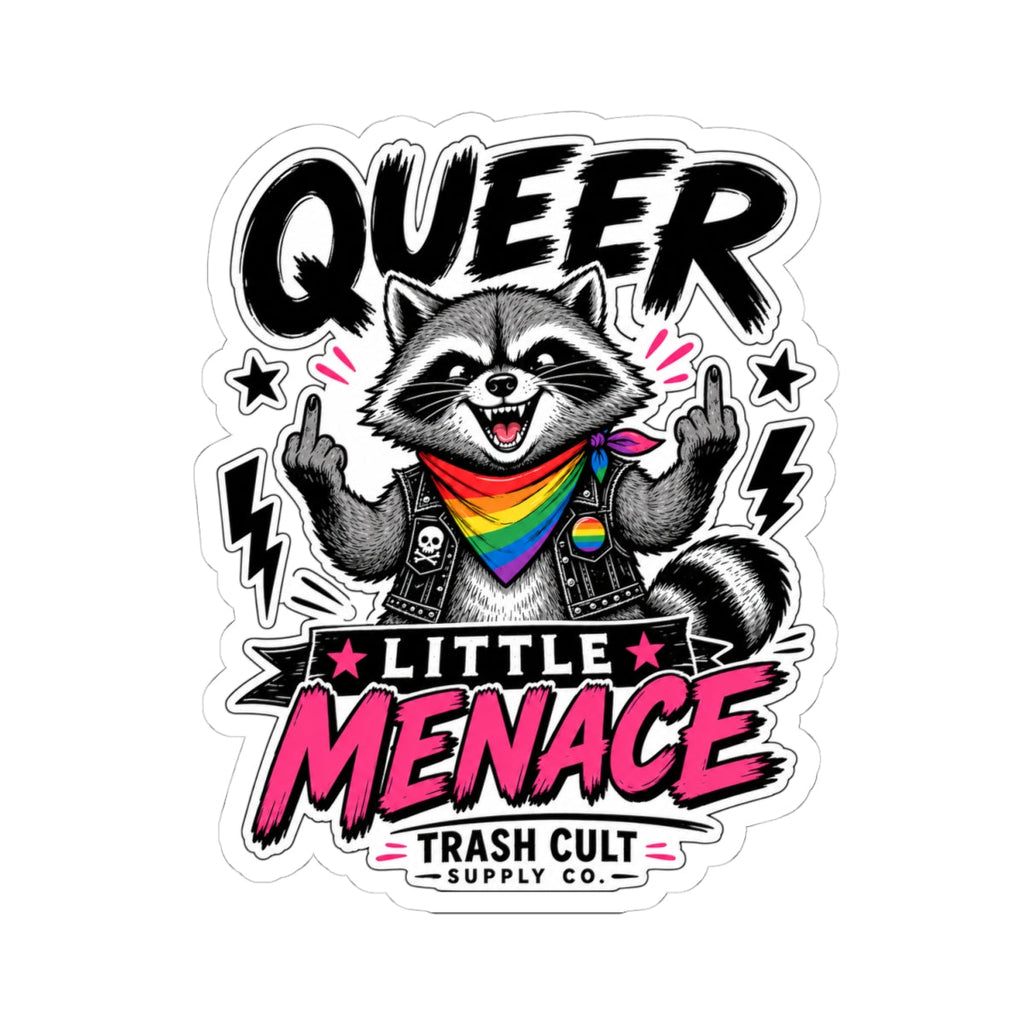 Queer Little Menace Sticker — Rainbow Raccoon Kiss-Cut Decal for Laptops & Pride