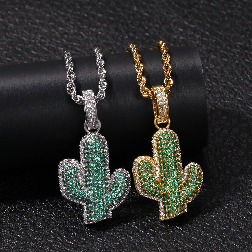 Hip-hop solid cactus zircon-encrusted pendant