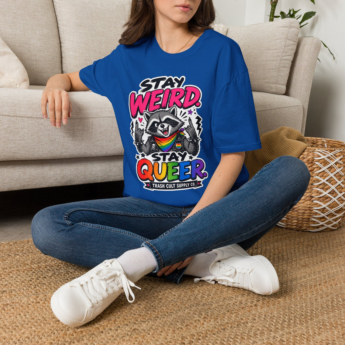 T-Shirt — "Stay Weird" Pride Raccoon Tee (Stay Queer)