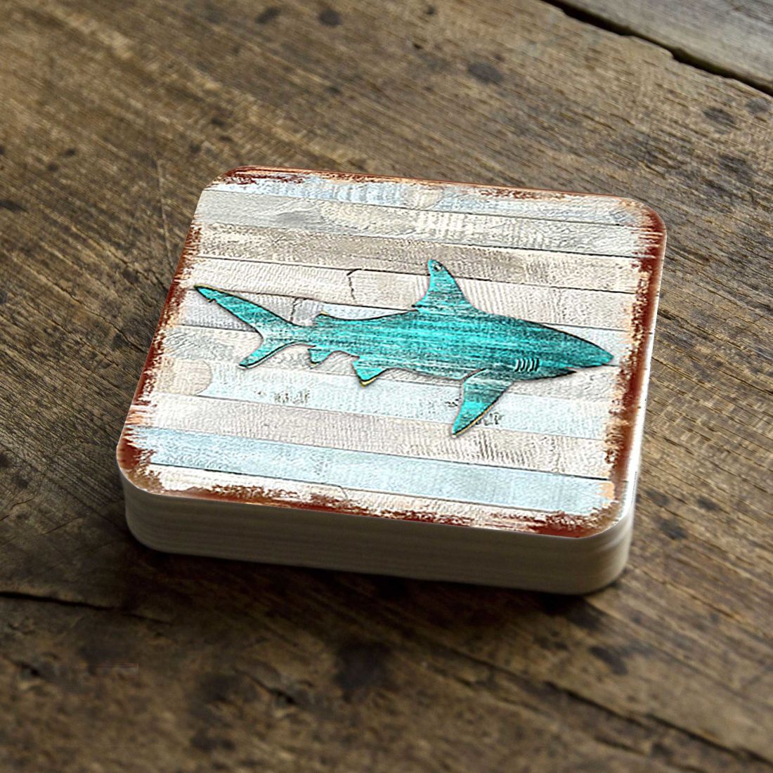 Shark Coastal Wooden Cork Coasters Gift Set of 4 by Nature Wonders - Coastal Sea-Life Decor - 8198515-9C-S4