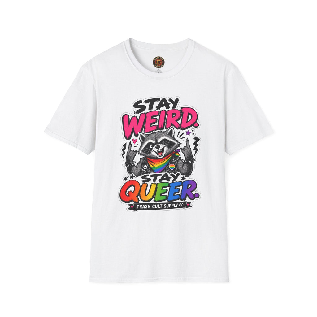 T-Shirt — "Stay Weird" Pride Raccoon Tee (Stay Queer)