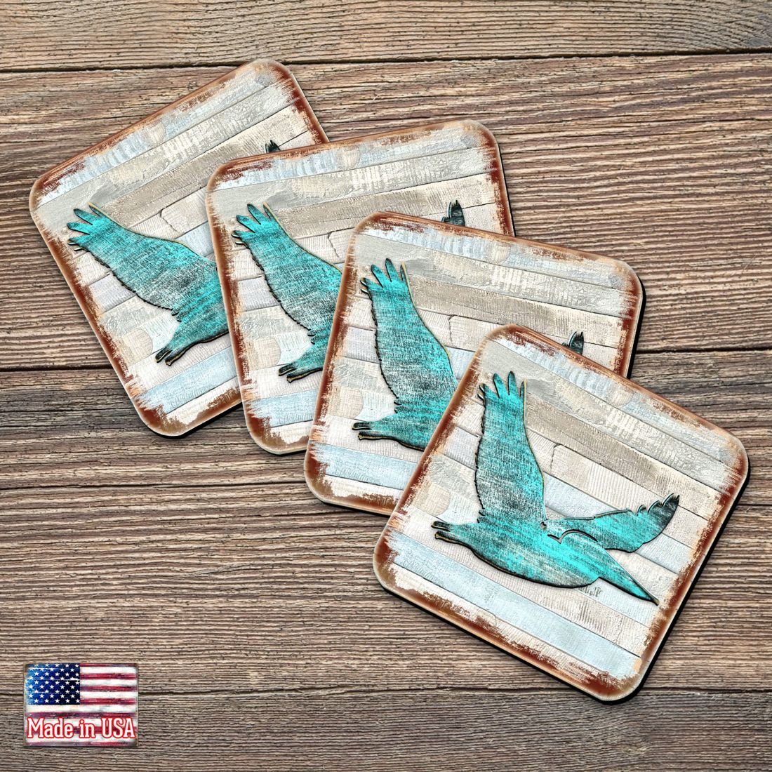 Pelican Coastal Wooden Cork Coasters Gift Set of 4 by Nature Wonders - Coastal Sea-Life Decor - 8198611-9C-S4
