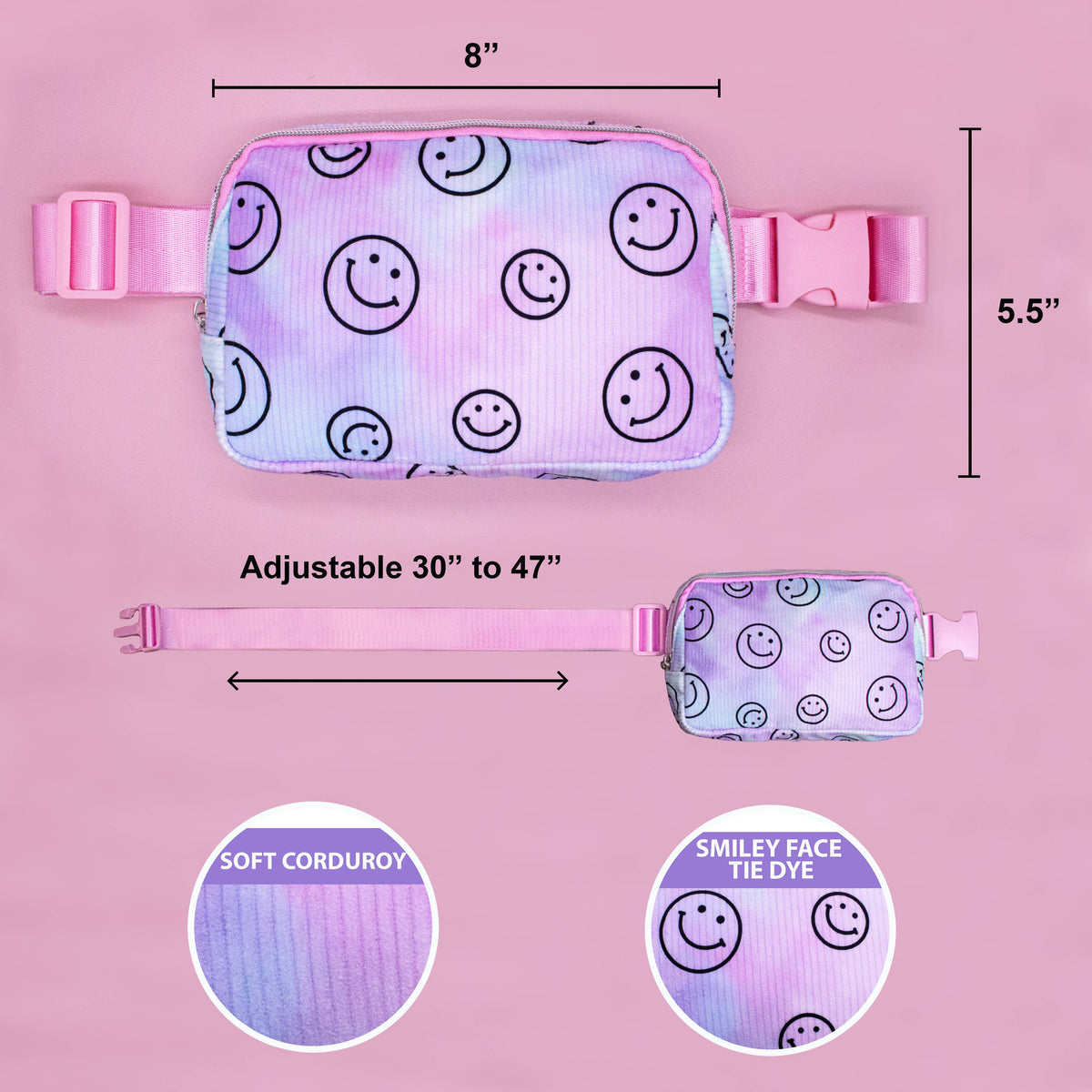 Kids Belt Bag - Tie Dye Smiley Face Crossbody Fanny Pack