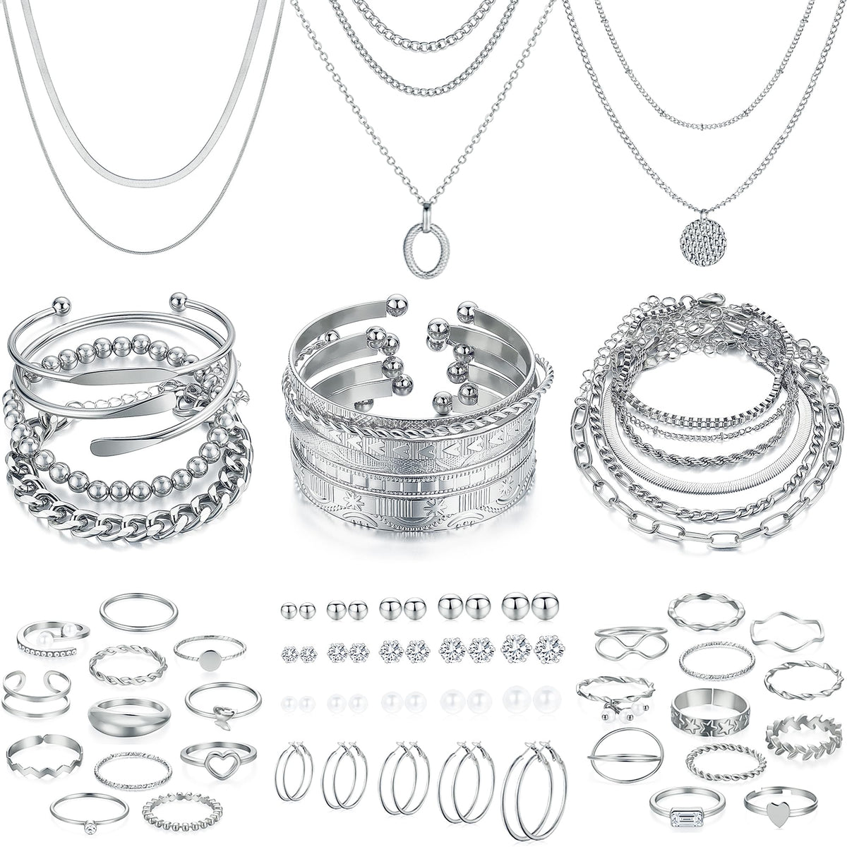 Jewelry 68 Pcs Gold Jewelry Set for Women with 7 Necklace, 17 Bracelet, 5 Hoop Earrings, 15 Stud Earrings, 24 Knuckle Rings for Women Jewelry Set for Women Gift