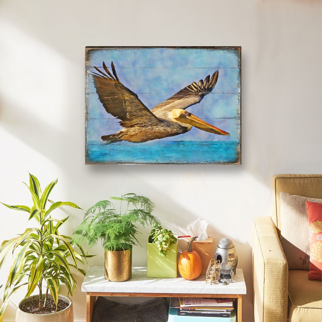 Flying Pelican Wooden Coastal Wall Art by Nature Wonders - Coastal Sea-Life Decor - 95387B
