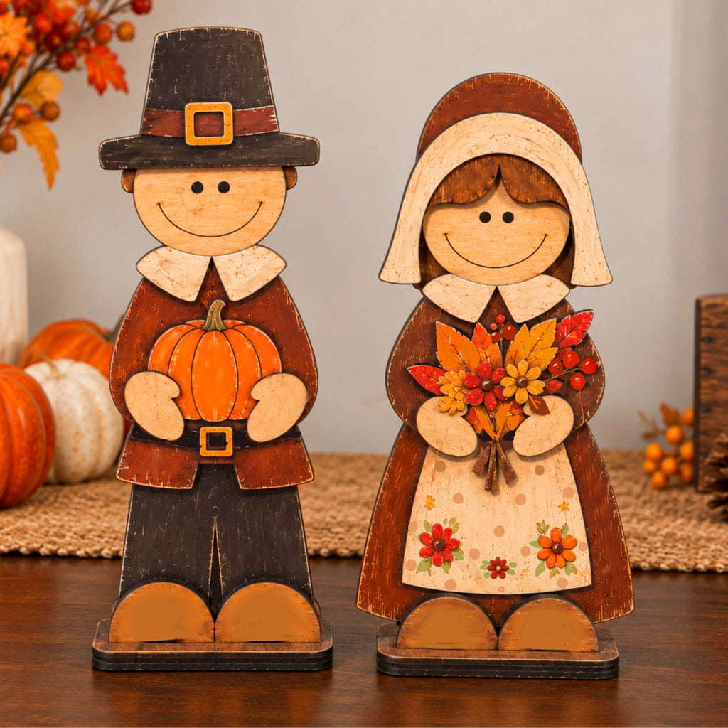 Thanksgiving Pilgrim Couple and Turkey Wooden Tabletop Decoration Set of 3 – Harvest Fall Décor by G. Debrekht - 862112-OP-S3