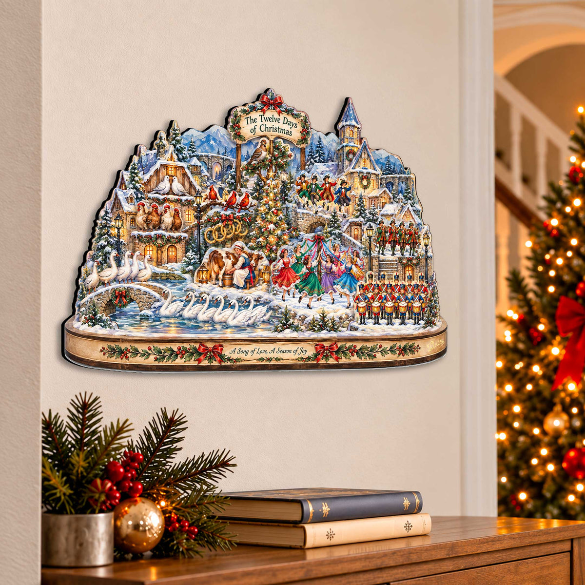Twelve Days of Christmas Village Wooden Door Hanger – Holiday Wall Art by G. Debrekht - 8652911H