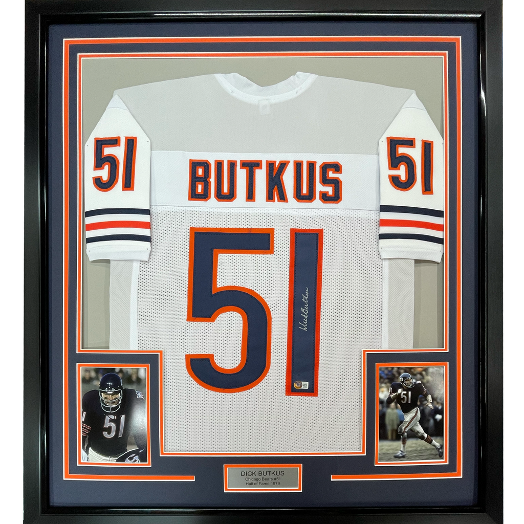 Framed Autographed/Signed Dick Butkus 35x39 Chicago Bears White Football Jersey JSA COA