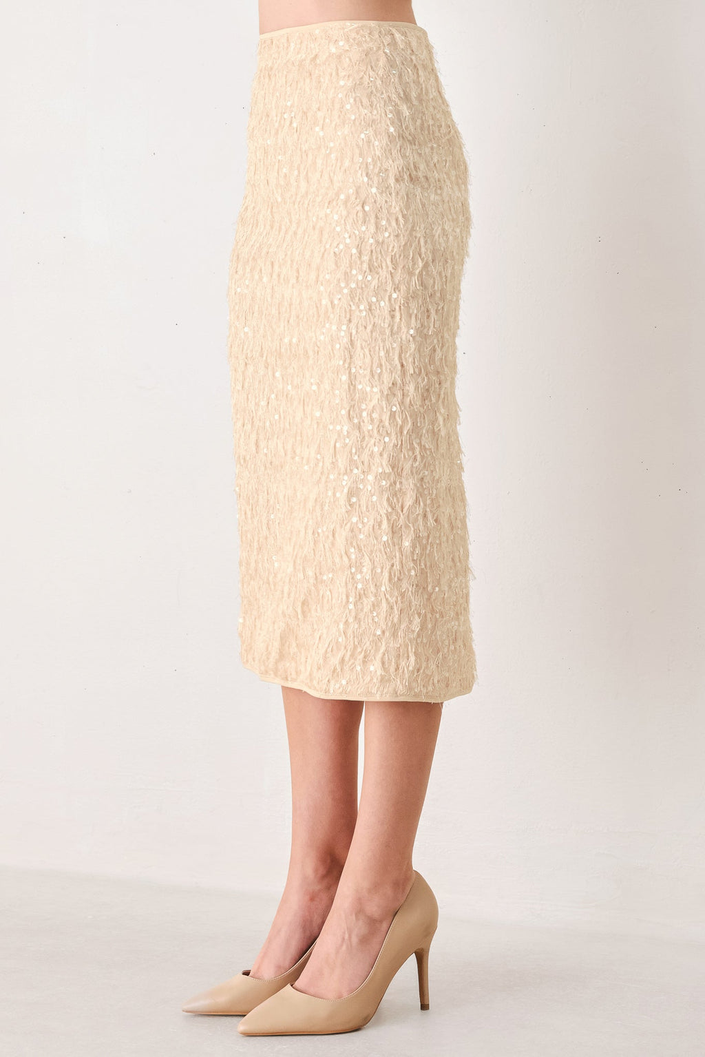 CHAMPAGNE WHISPER SEQUIN EYELASH MESH PENCIL SKIRT