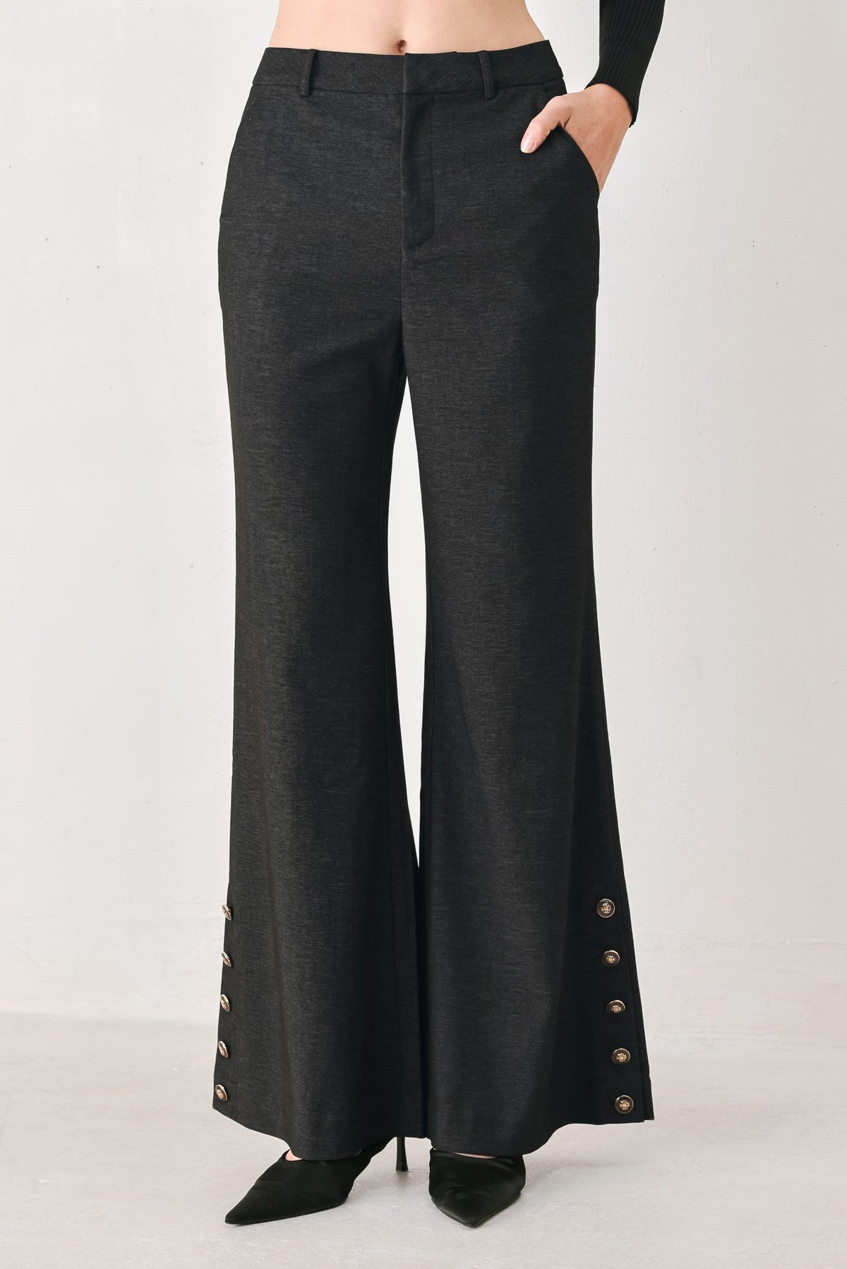 COMMAND NOIR BLACK BUTTON-HEM FLARE PANTS