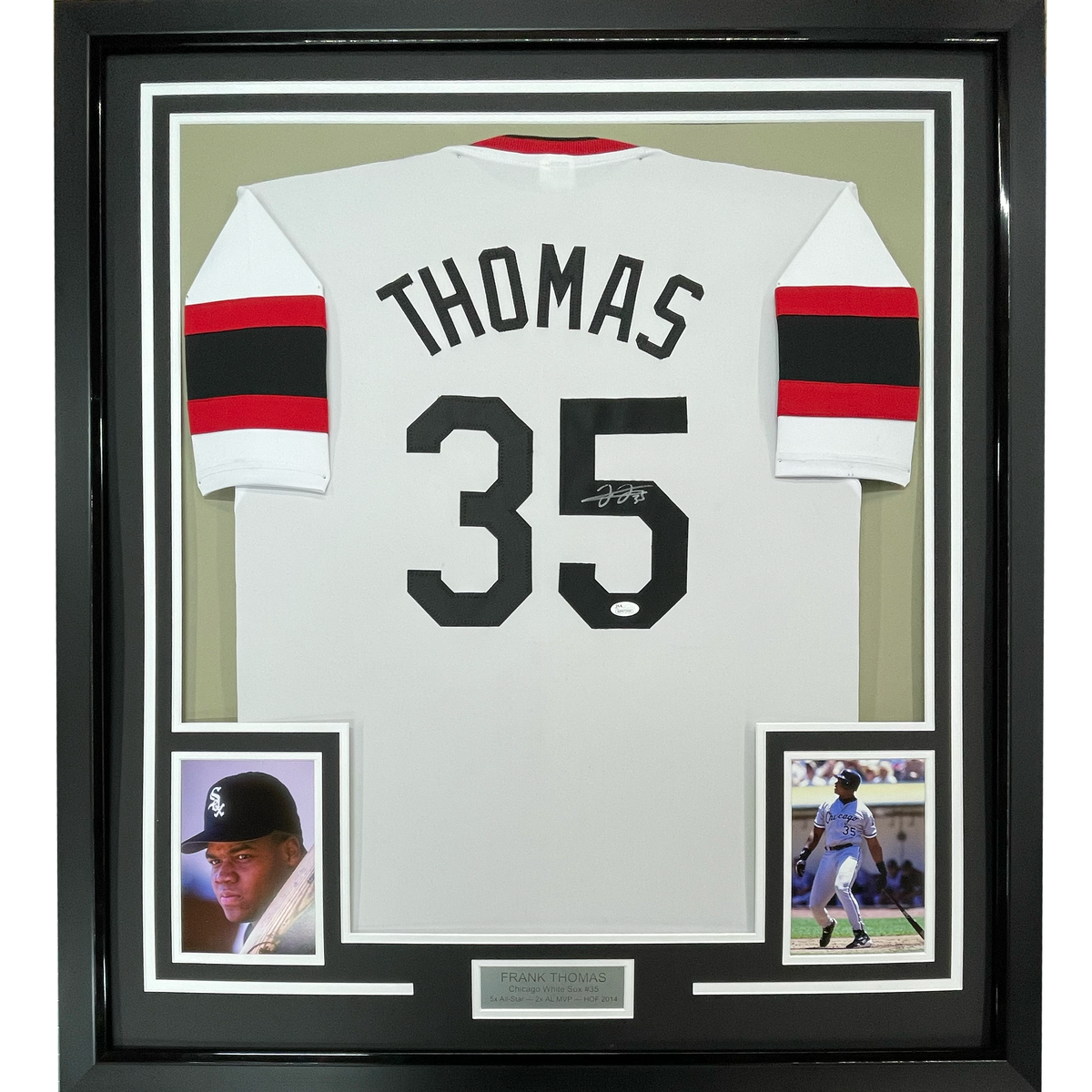 Framed Autographed/Signed Frank Thomas 35x39 Chicago Retro White Baseball Jersey JSA COA
