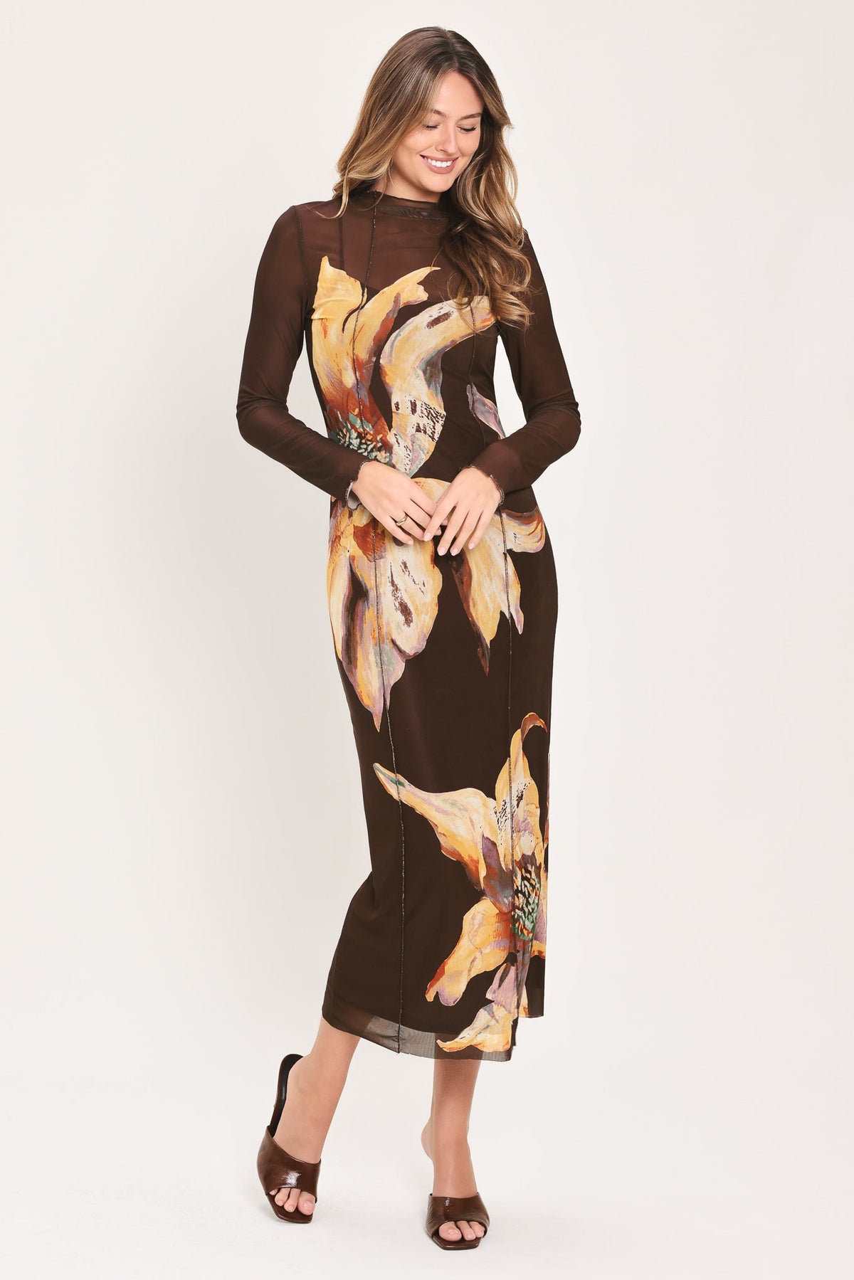 MOCHA MYSTIQUE DARK BROWN PRINTED MESH MIDI DRESS
