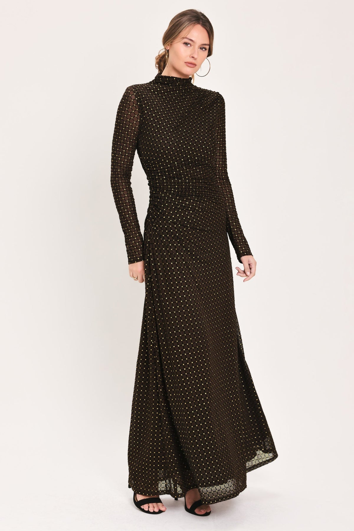 COCOA VEIL DARK BROWN BURNOUT VELVET MESH MAXI DRESS