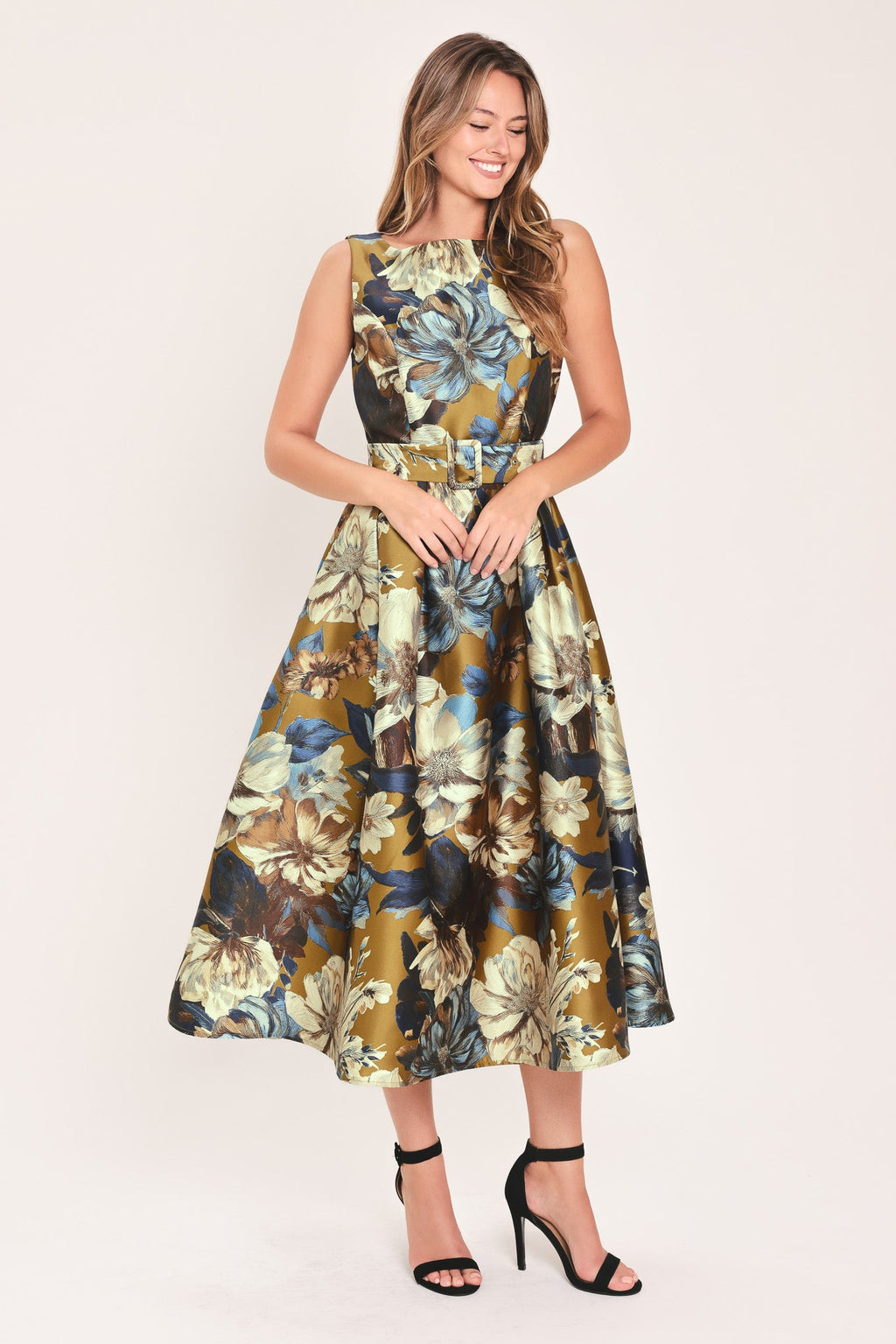 GOLDEN MEADOW DIJON PRINTED BELTED MIDI DRESS