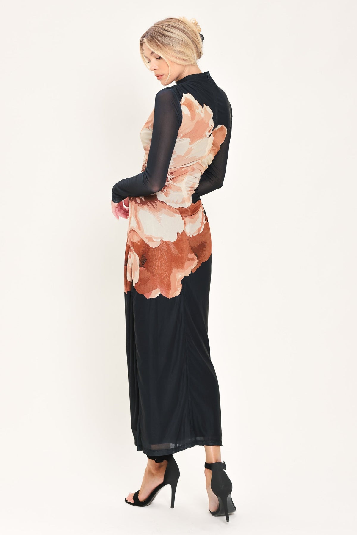 SHADOW BLOOM BLACK PRINTED MESH SHIRRED MIDI DRESS