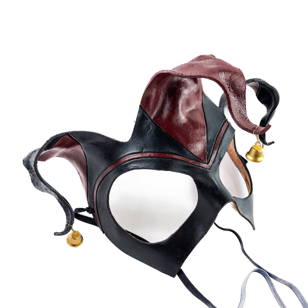 Handmade Genuine Leather Jester Mask in Red and Black with Brass Bells