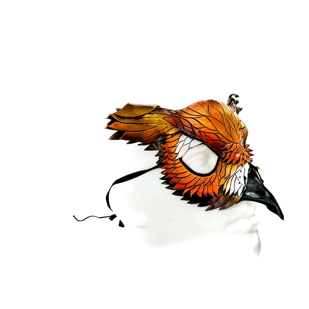 Layered Horned Owl Handmade Genuine Leather Mask In Sienna Shades
