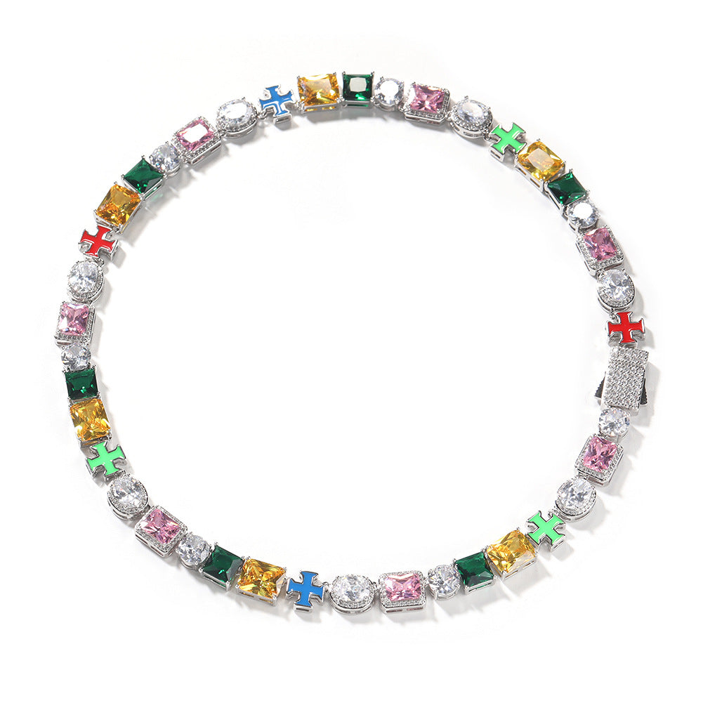 Hip-hop necklace with colorful zircon inlays and a square cross