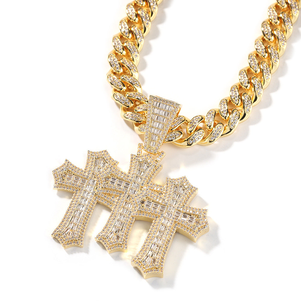 Hip-hop diamond-encrusted zircon three-cross Cuban necklace