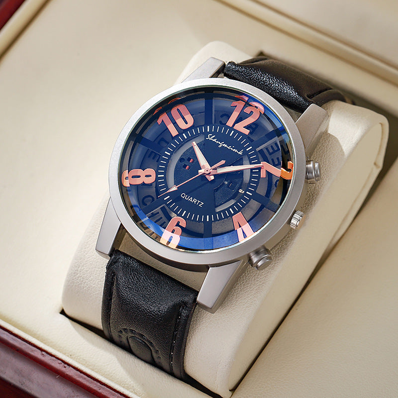 Large-dial, hollow-out blue-light men's watch.