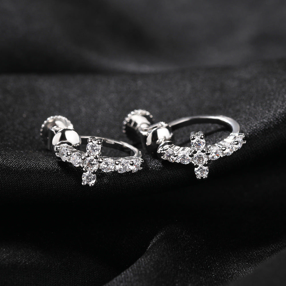 Hip Hop Zircon Black Spiral Clasp Cross Earrings