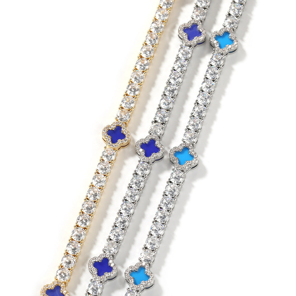 Hip-hop four-leaf clover diamond tennis chain necklace bracelet