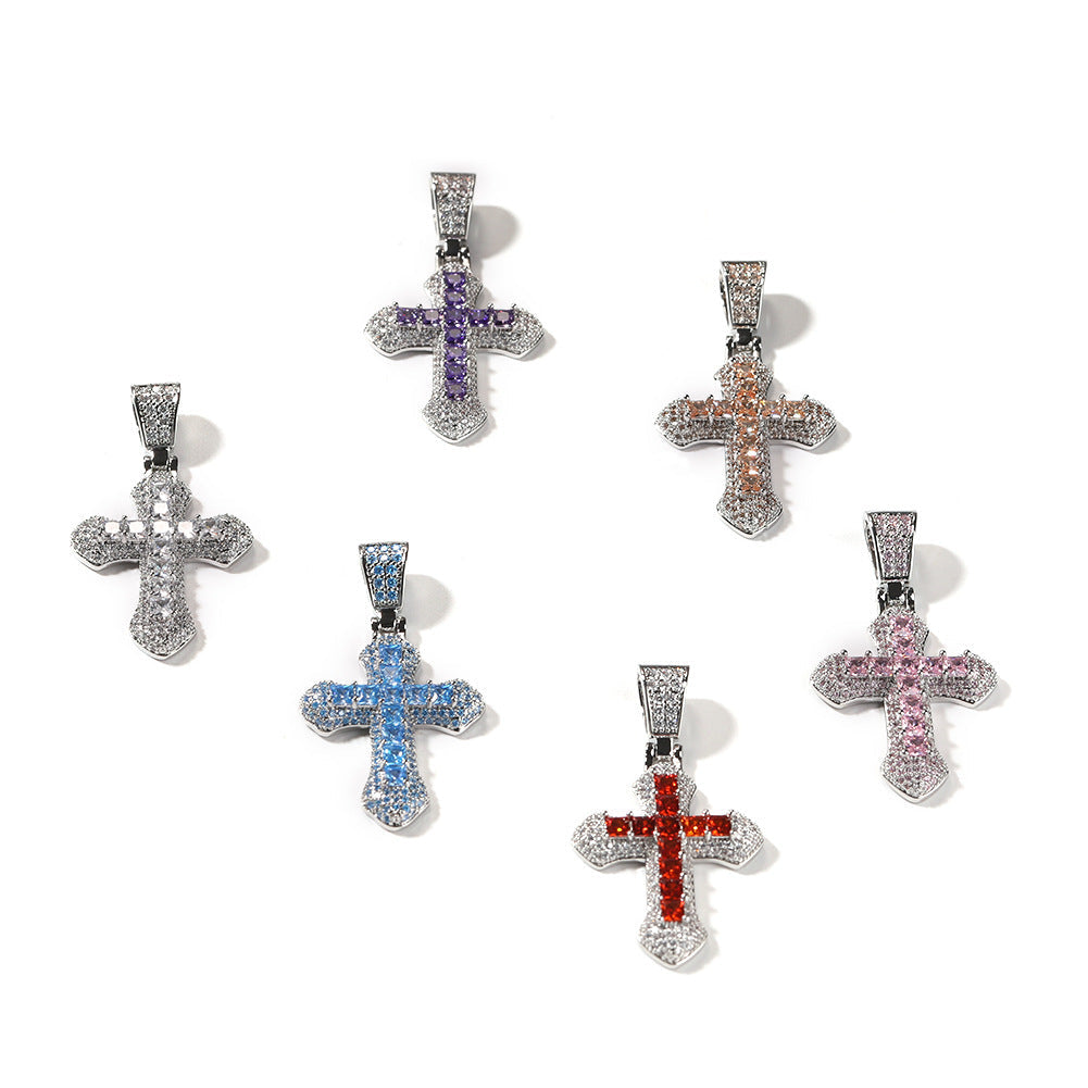 Blue Zircon Cross Hip-hop Necklace