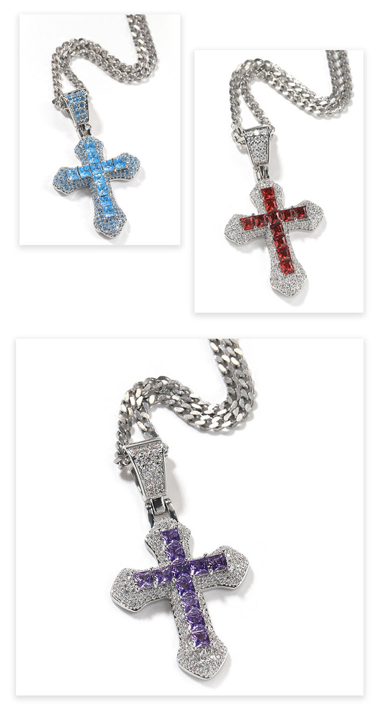 Blue Zircon Cross Hip-hop Necklace