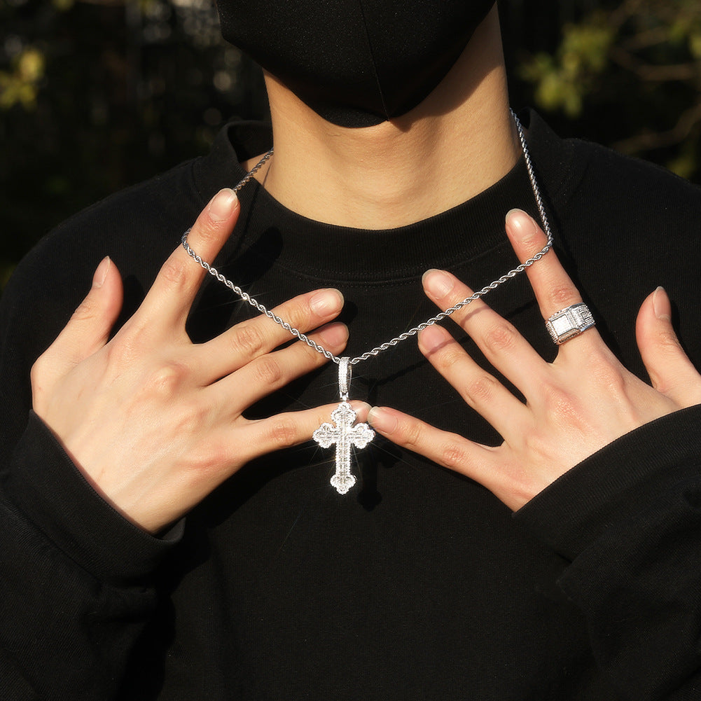 Hip-hop large diamond-encrusted cloud cross pendant