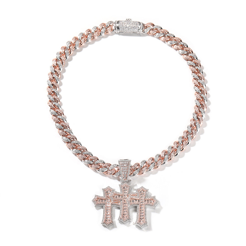 Hip-hop diamond-encrusted zircon three-cross Cuban necklace