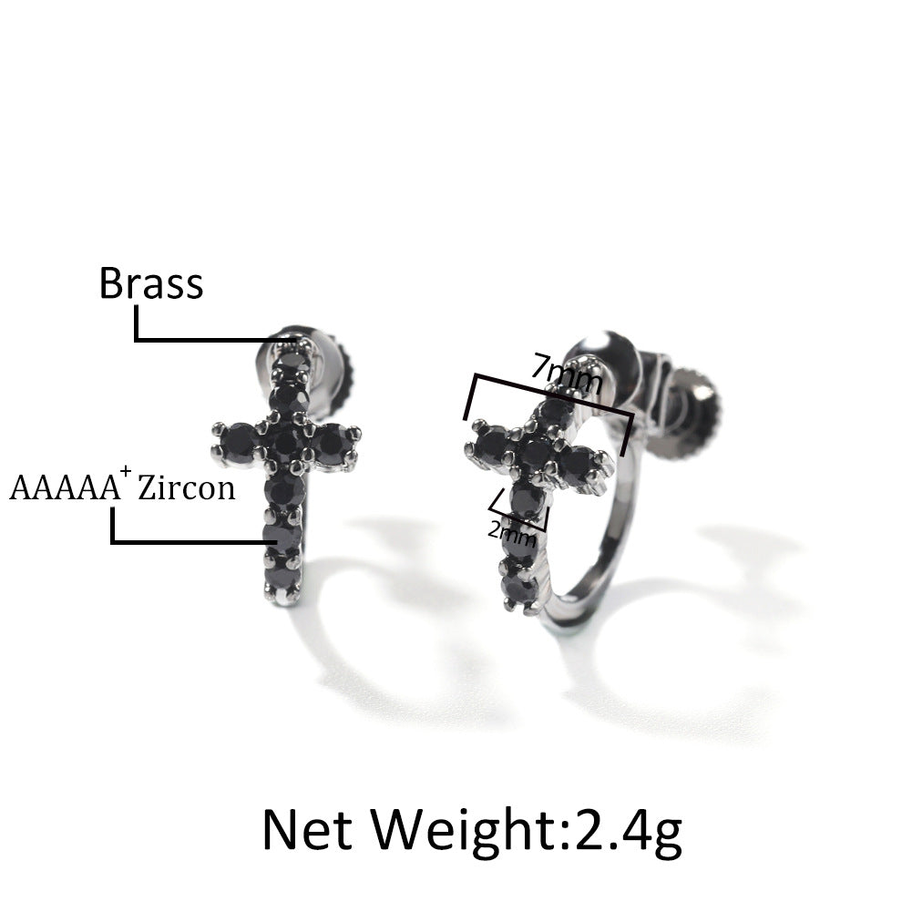 Hip Hop Zircon Black Spiral Clasp Cross Earrings
