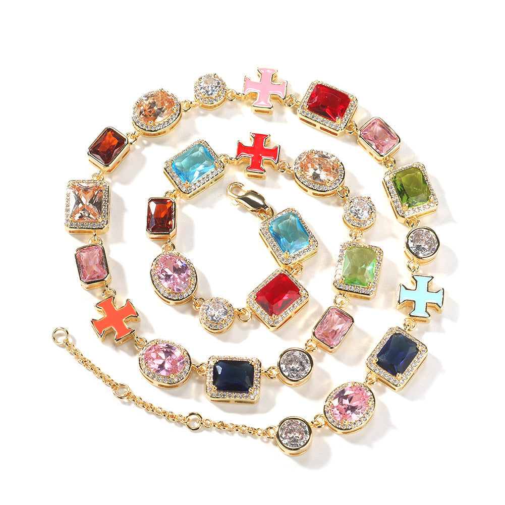 Exquisite diamond-encrusted colored gemstone bracelet and necklace
