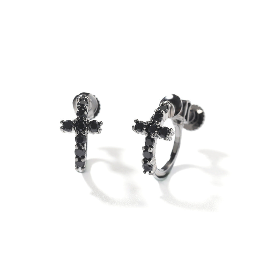 Hip Hop Zircon Black Spiral Clasp Cross Earrings