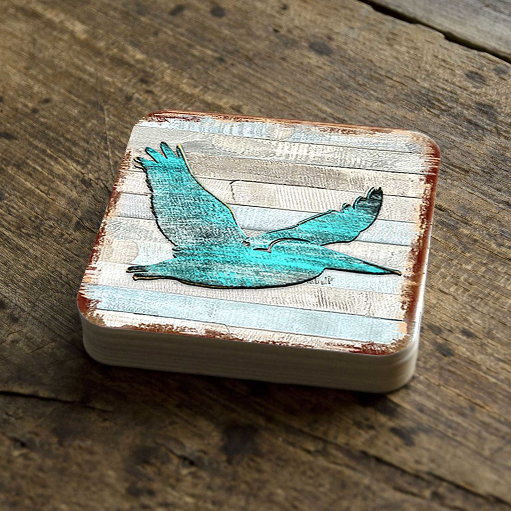 Pelican Coastal Wooden Cork Coasters Gift Set of 4 by Nature Wonders - Coastal Sea-Life Decor - 8198611-9C-S4