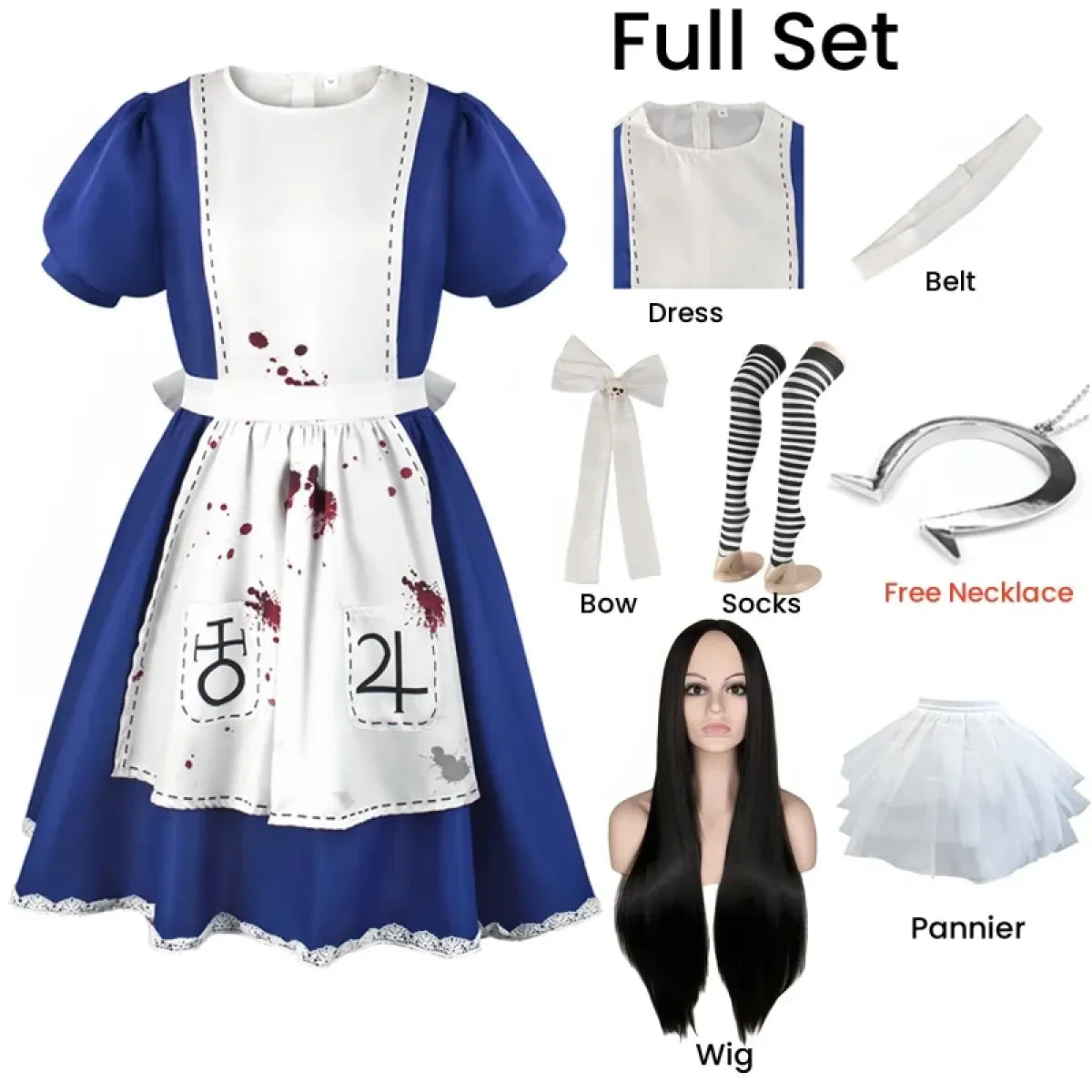 Madness Returns Alice Cosplay Costume Dress with Apron and Wig for Women
