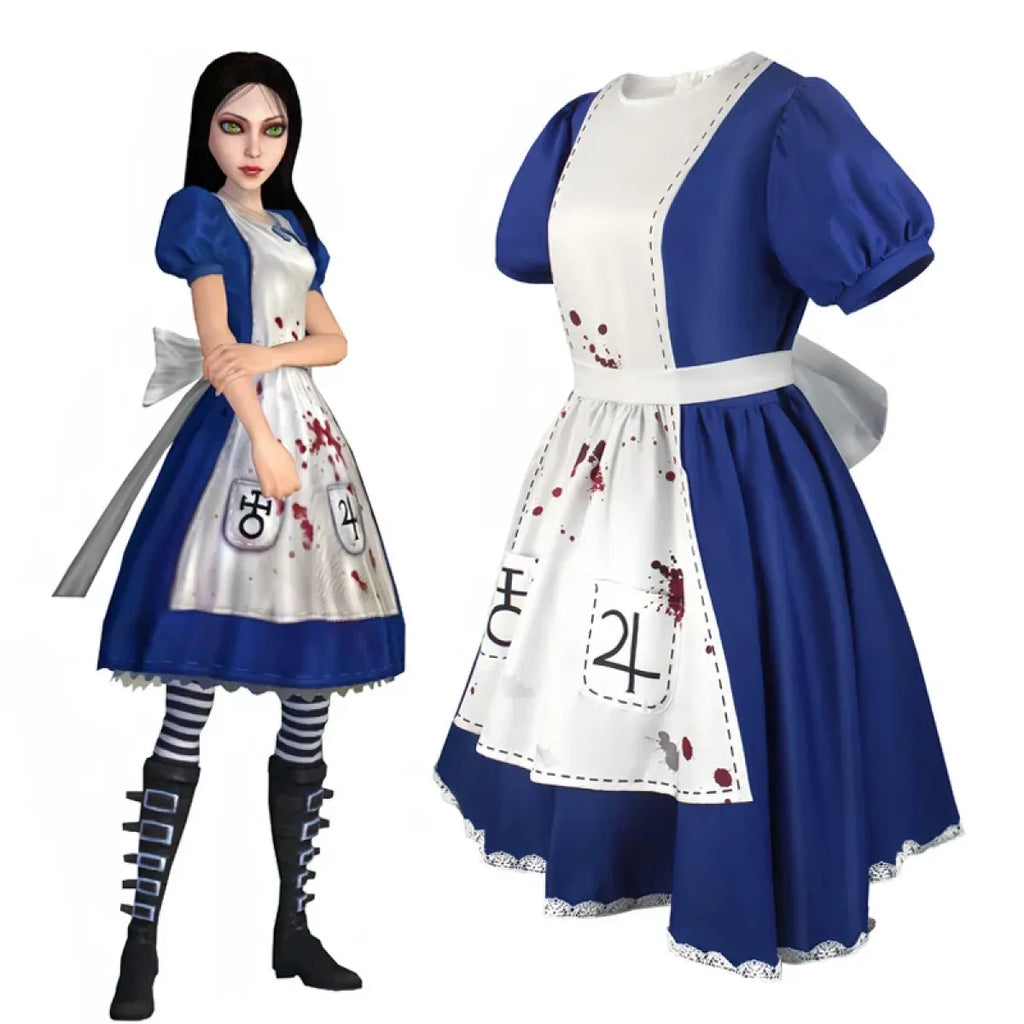 Madness Returns Alice Cosplay Costume Dress with Apron and Wig for Women