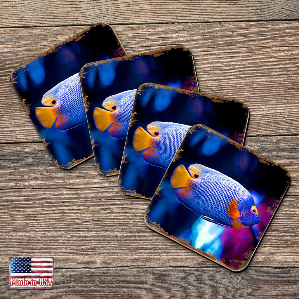 Tropical Fish Coastal Wooden Cork Coasters Gift Set of 4 by Nature Wonders - Coastal Sea-Life Decor - 95251C-S4