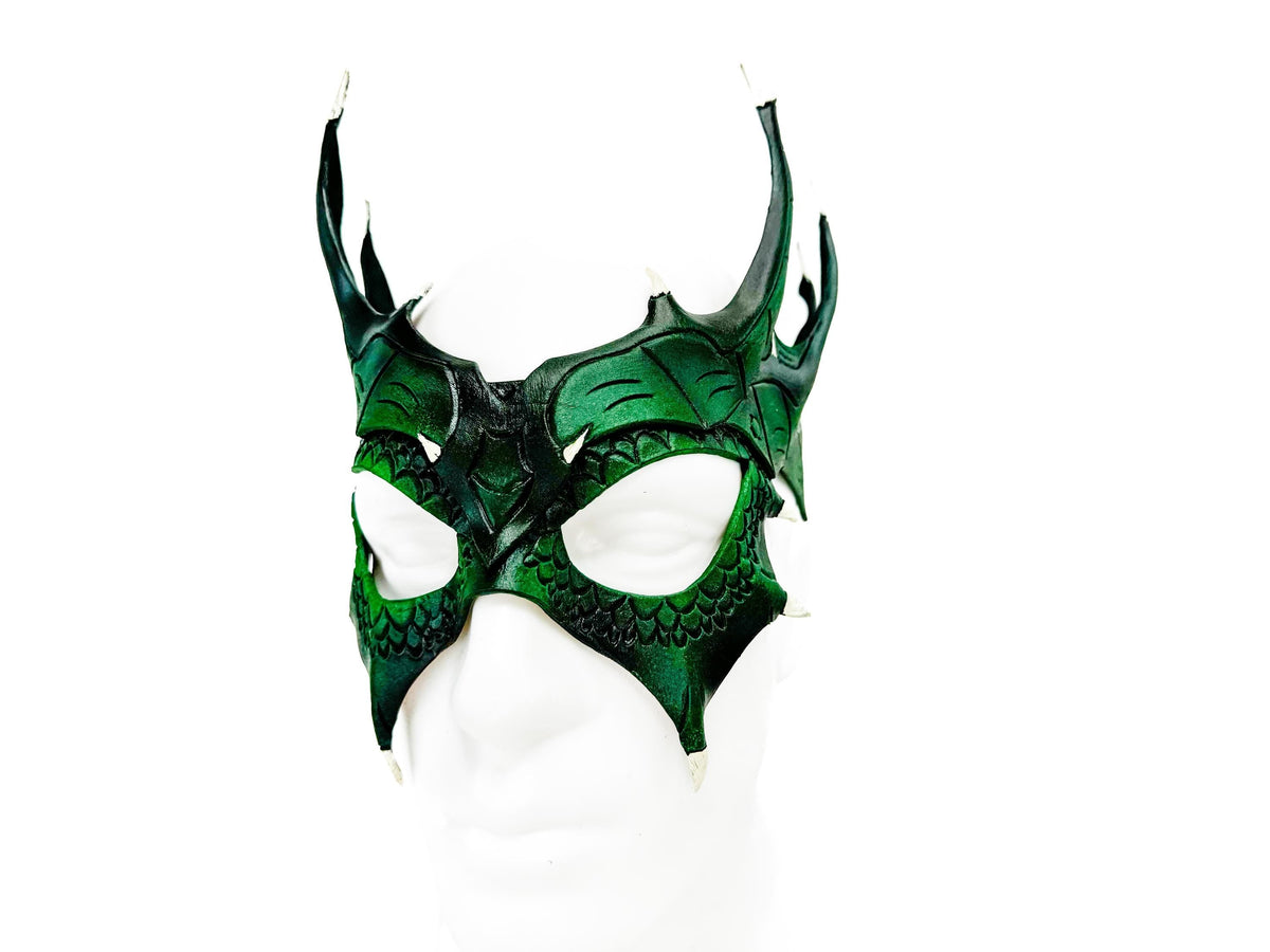 Green Dragon Crown Eye Mask - Handmade Genuine Leather - Masquerade, Halloween or Cosplay Costume