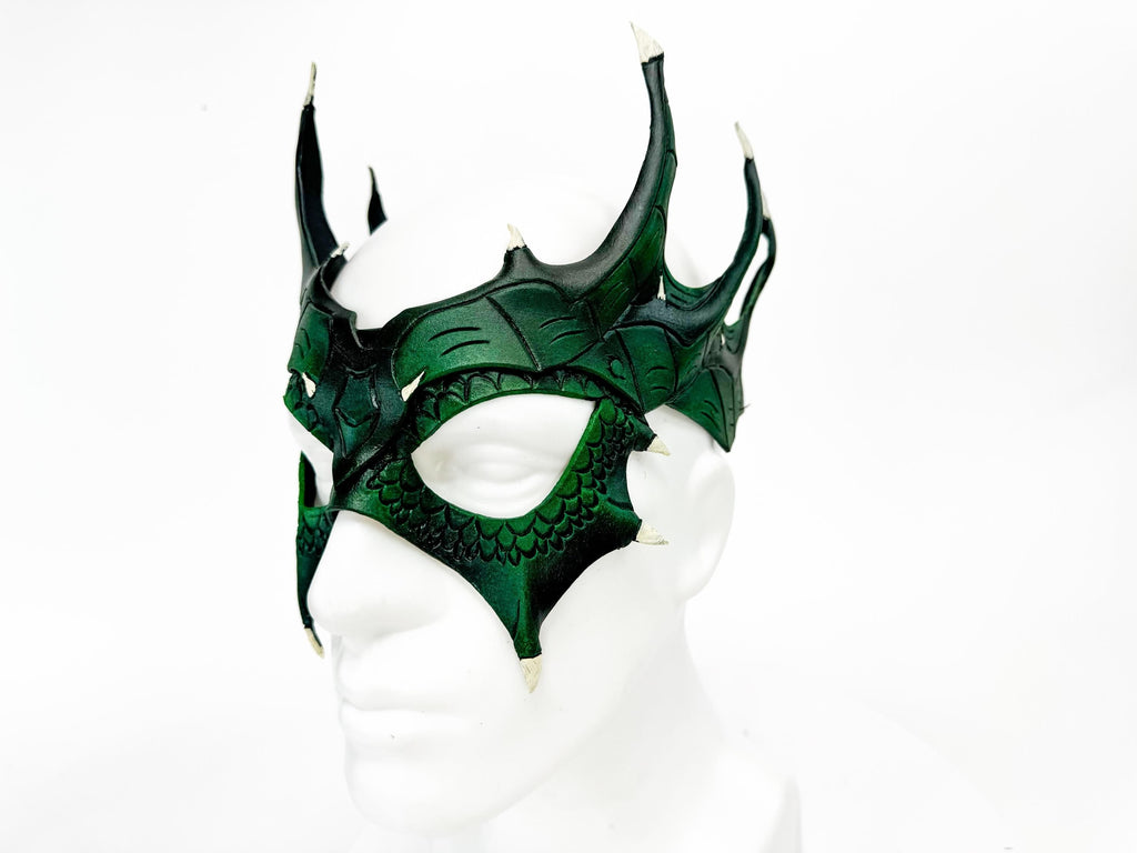 Green Dragon Crown Eye Mask - Handmade Genuine Leather - Masquerade, Halloween or Cosplay Costume