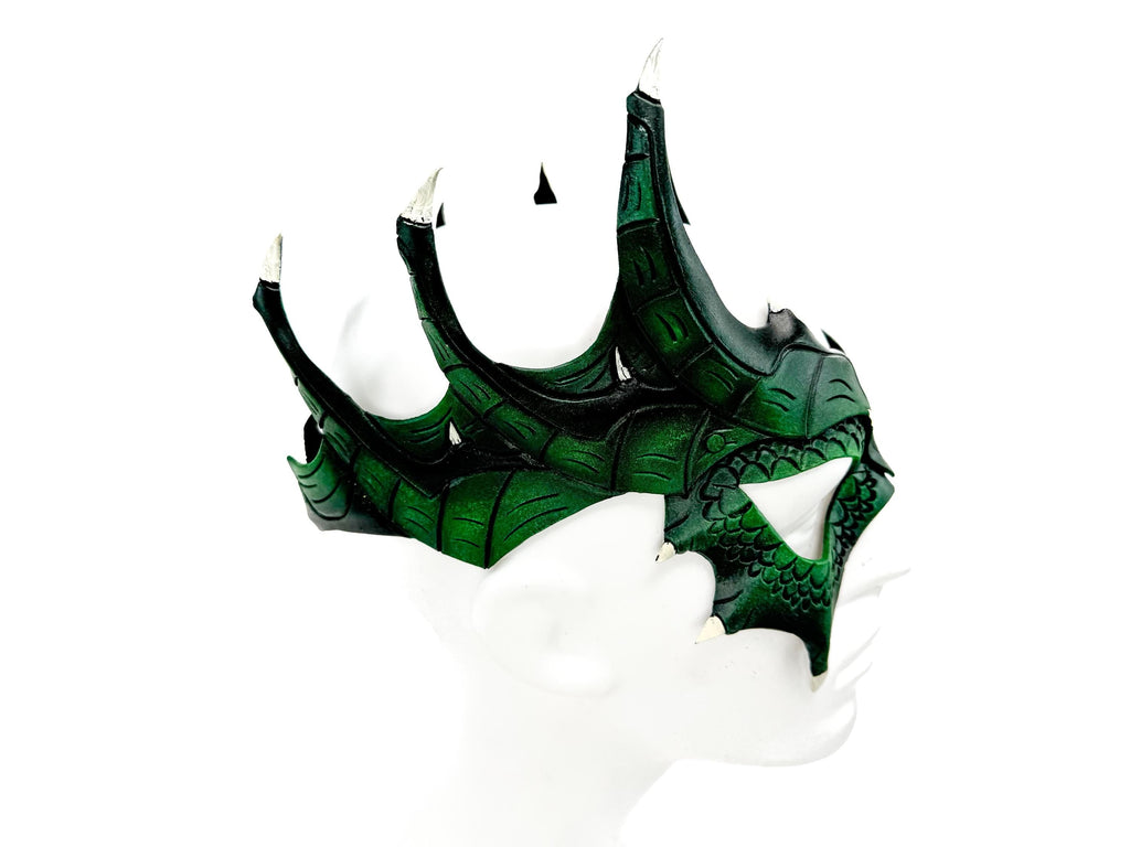 Green Dragon Crown Eye Mask - Handmade Genuine Leather - Masquerade, Halloween or Cosplay Costume