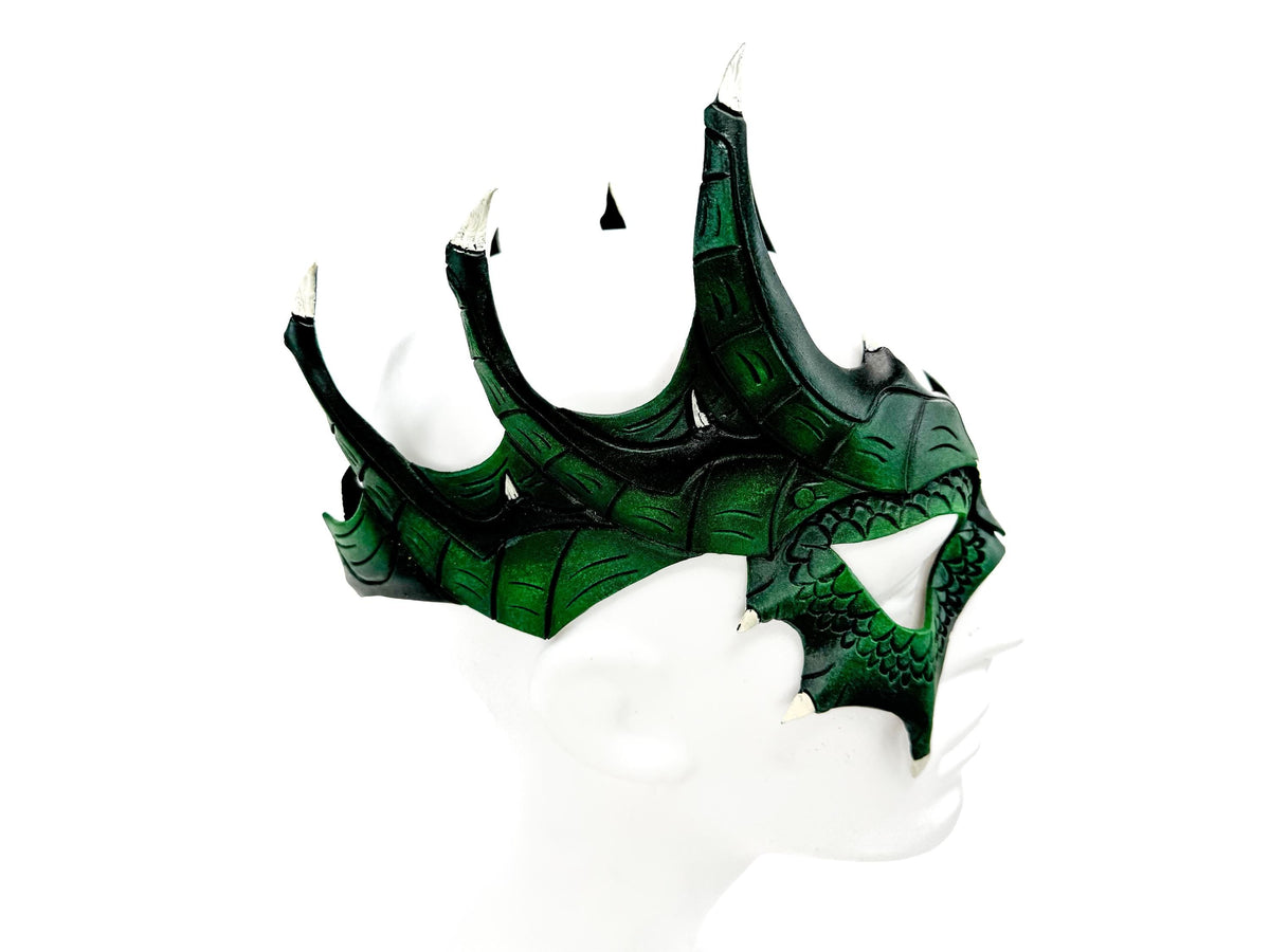 Green Dragon Crown Eye Mask - Handmade Genuine Leather - Masquerade, Halloween or Cosplay Costume