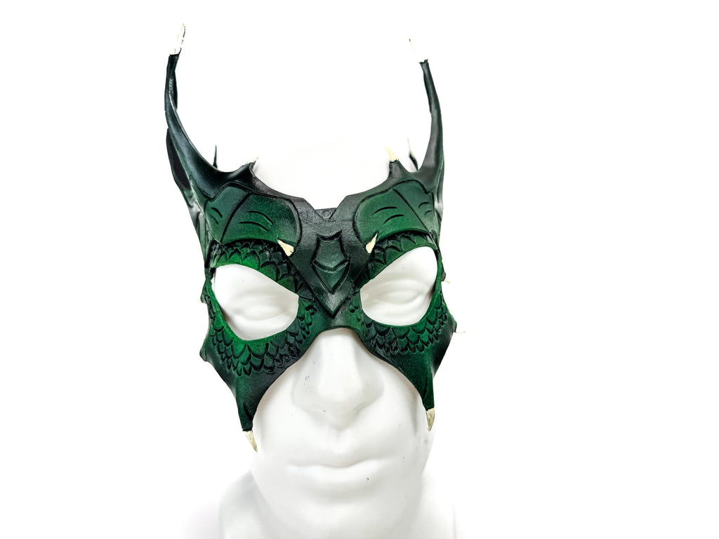 Green Dragon Crown Eye Mask - Handmade Genuine Leather - Masquerade, Halloween or Cosplay Costume