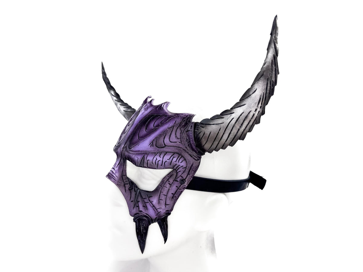 Handmade Genuine Leather Mask with Horns in Purple and White  The Horned Beast