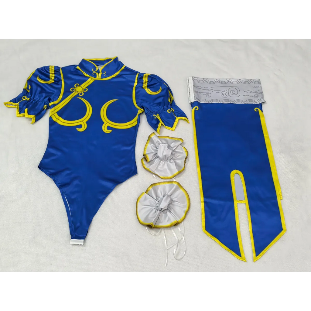 Chun Li Cosplay Costume – Street Fighter Blue Cheongsam Set with Headdress