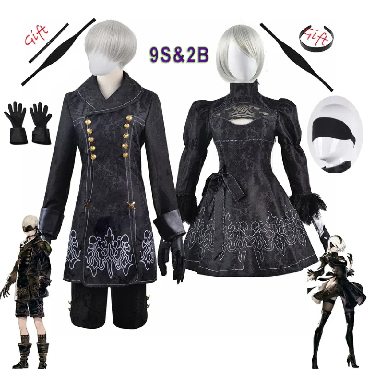 NieR: Automata 9S & 2B Cosplay Costume with Wig and Accessories